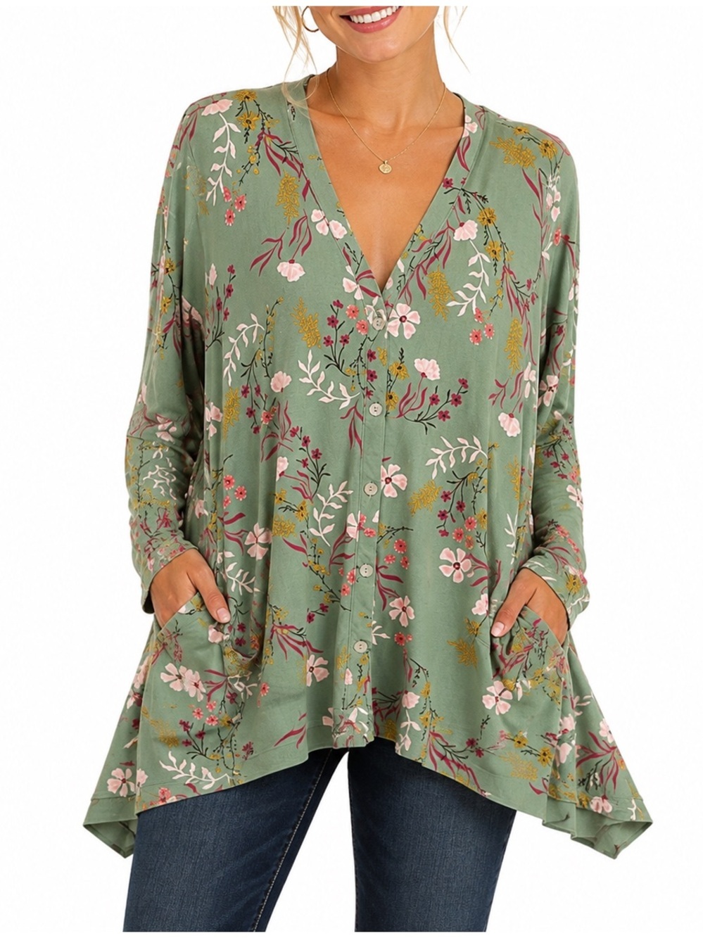 LOGO BY LORI GOLDSTEIN WHIMSICAL FLORAL PRINTED SAGE CARDIGAN SZ LG EUC